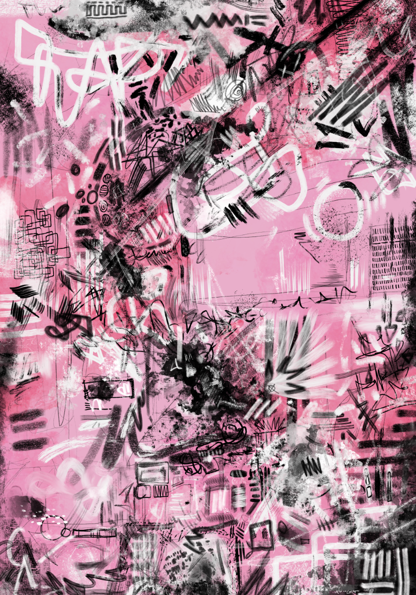 Large abstract expressionist artwork on a pink background with black and white marks, scribbles, symbols, smudges, and layered graphic textures suggesting maps and coded fragments.