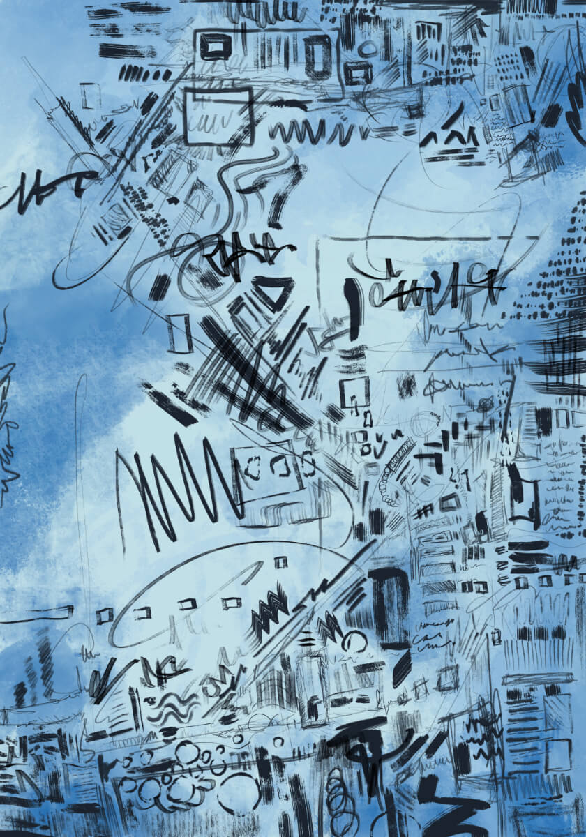 Large abstract composition featuring black gestural lines, scribbles, symbols, and grid-like marks spread across a pale blue textured field.