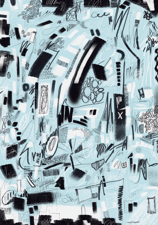 Abstract artwork with pale blue background, bold black marks, scribbles, and layered gestural shape.