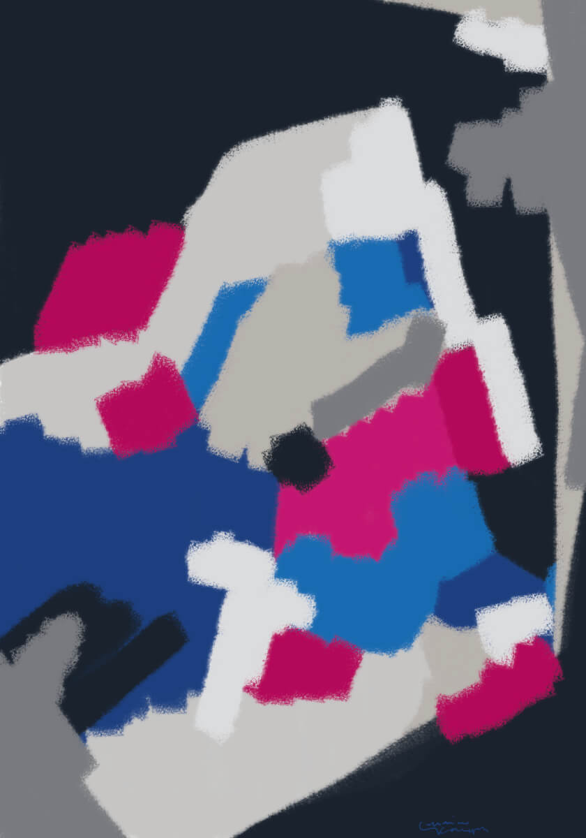 Abstract digital artwork with bold pink, blue, white and dark navy geometric forms layered in a high-contrast composition.