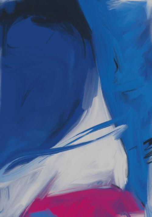 Abstract digital painting in deep blue with a white diagonal form and vivid magenta accent.