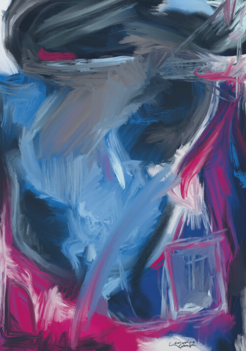 Abstract digital painting with dark blue, grey, and bright pink gestural marks in a vertical nocturnal composition.
