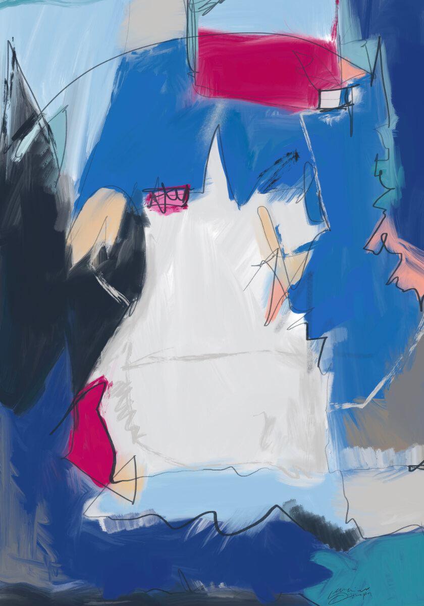 Abstract expressionist digital artwork with sweeping blue, grey, black, and magenta brushstrokes creating a dynamic midnight composition.