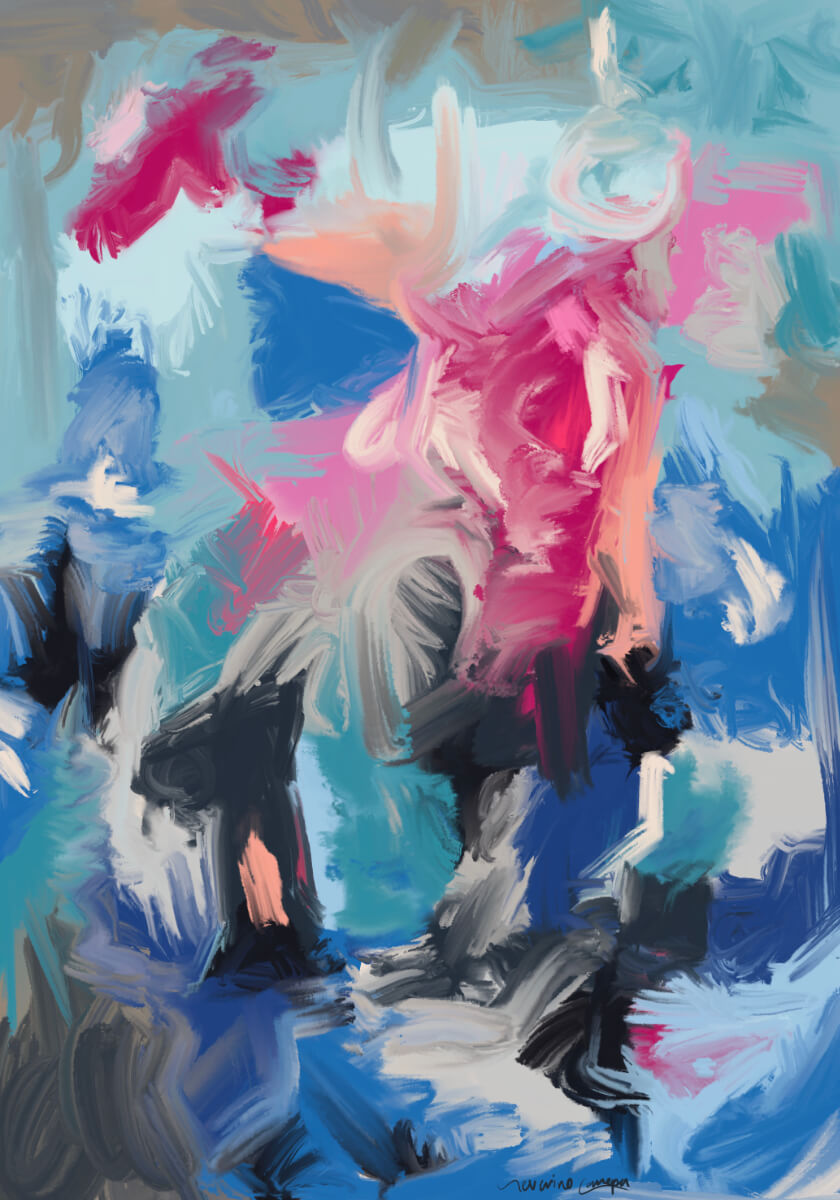 Expressive abstract digital artwork with blue, turquoise, pink, white, and black gestural brushstrokes, suggesting a powerful animal-like form emerging through motion and color.
