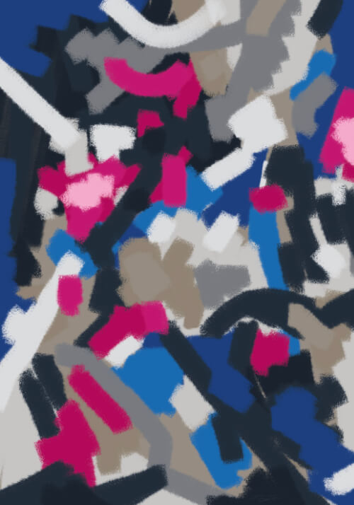 An energetic abstract painting with frantic strokes of pink, blue, white, and gray on a dark background.