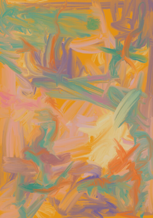 Abstract digital artwork with warm orange background and tangled green brushstrokes suggesting organic undergrowth.