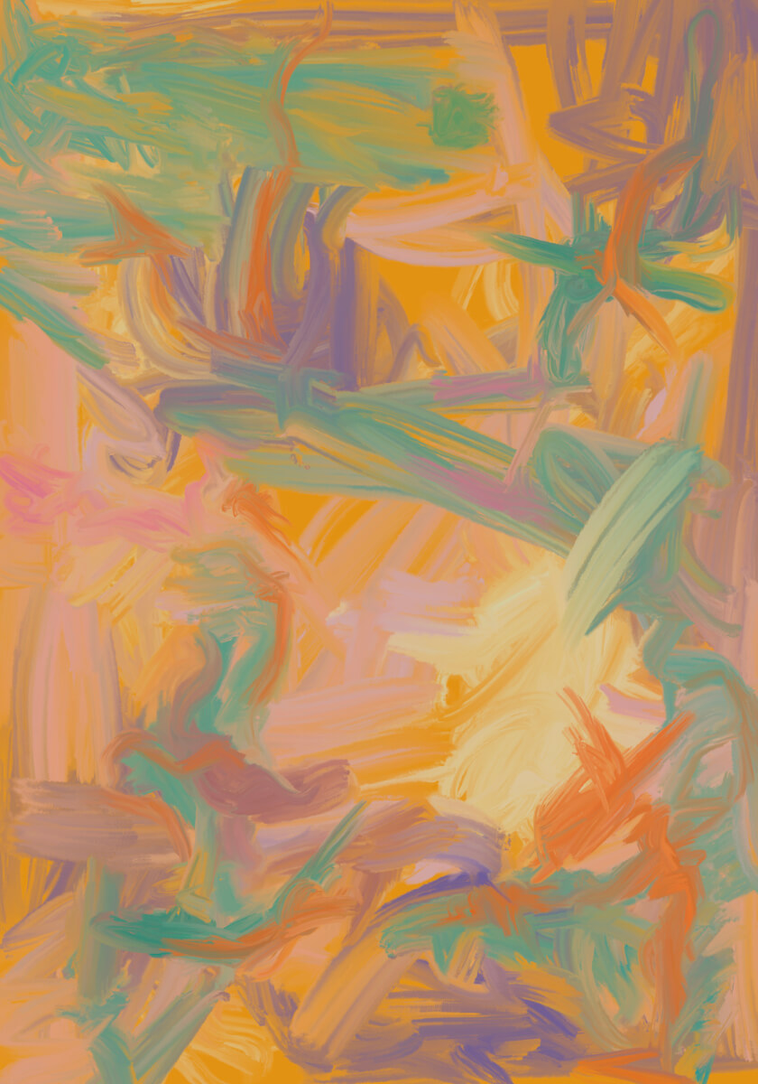 Abstract expressionist digital painting with layered orange, green, teal, violet, and pink brushstrokes forming an entangled organic landscape.