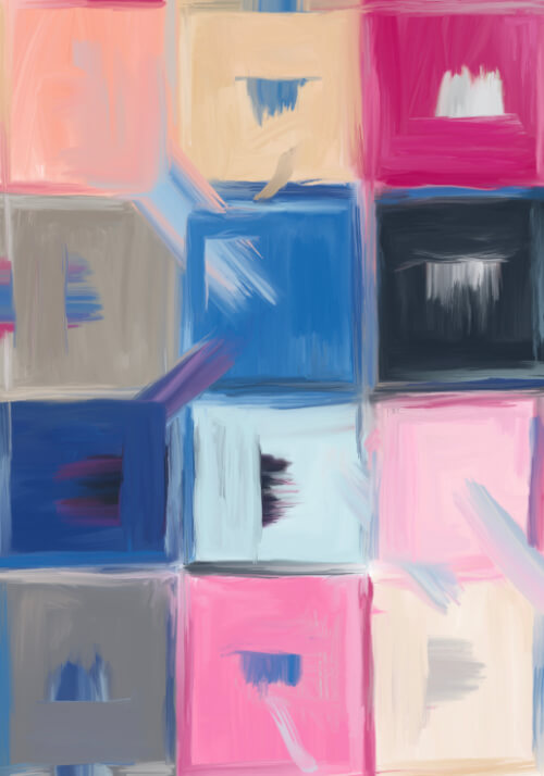 An abstract grid of colorful, painterly squares in pink, blue, and gray.
