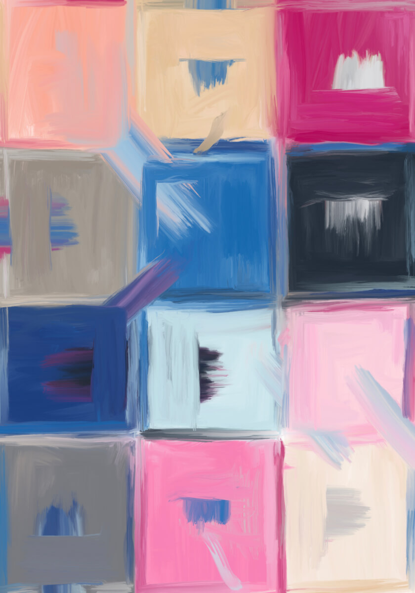 A digital abstract painting featuring a 3x4 grid of textured squares in shades of pink, blue, gray, and cream. Each square displays thick, expressive brushstrokes with a smaller, contrasting rectangular highlight centered within it.