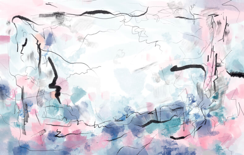 Abstract artwork with soft pink and blue washes, black gestural lines, and a hazy horizon-like composition.