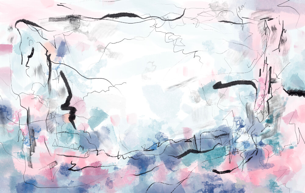Abstract painting in pale pink, blue, and white tones with expressive black linework, layered textures, and a dreamy horizon atmosphere.