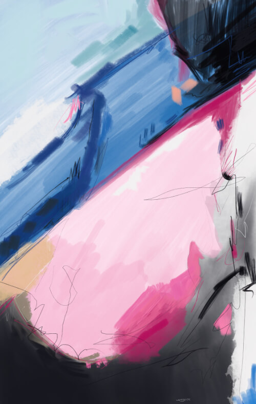 Abstract digital painting with a large pink shape, deep blue band, black gestural marks, and a soft horizon-like composition.