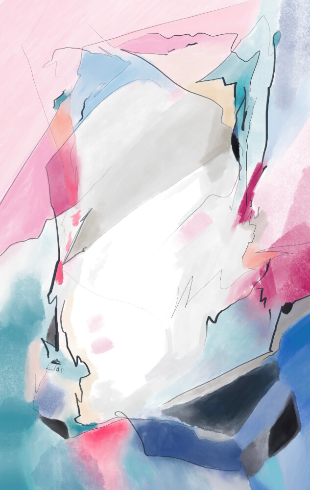 Large abstract digital painting featuring a pale gray and white central shape framed by soft pink, blue, turquoise, and black accents with loose linear marks.