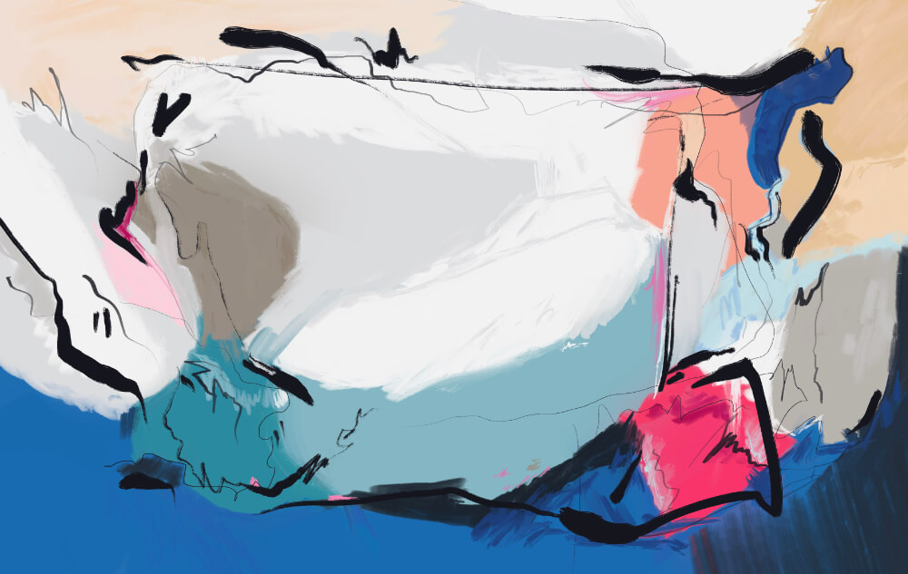 Abstract digital painting featuring layered white, pale pink, beige, and light blue shapes with bold black gestural marks and deep blue accents, suggesting a fragmented horizon.