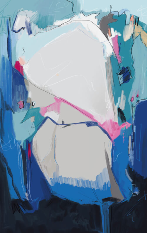 Abstract painting with large pale shapes, deep blue areas, light turquoise background, and pink accents in a gestural composition.