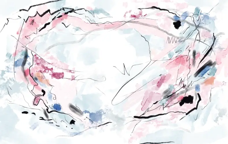 Abstract painting with pale blue and pink washes, loose black lines, and a soft horizon-like composition.