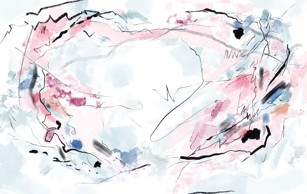 Abstract gestural artwork featuring pale blue background washes, layered pink forms, scattered black marks, and expressive lines suggesting a shifting horizon.