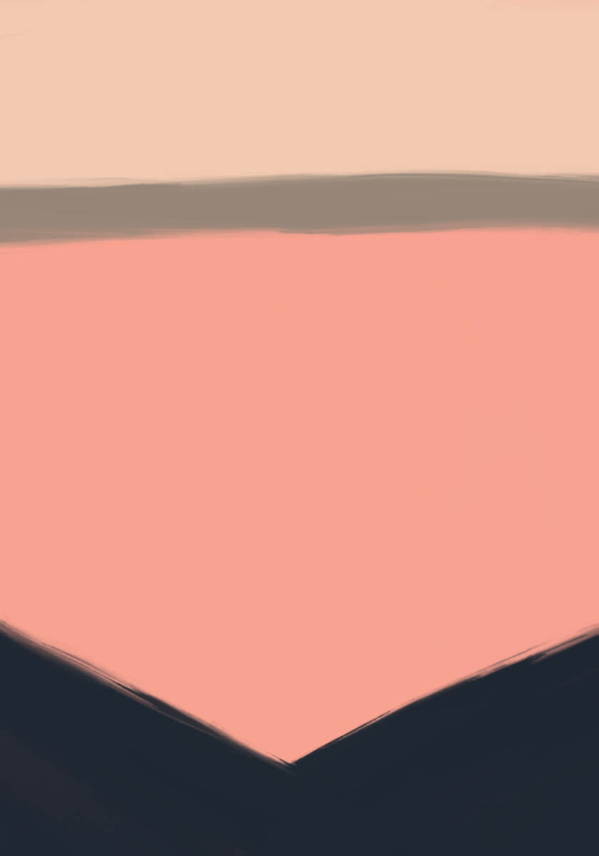 Abstract digital painting with a muted beige upper band, large blush-pink center, and two deep navy triangular shapes converging upward into a sharp point.