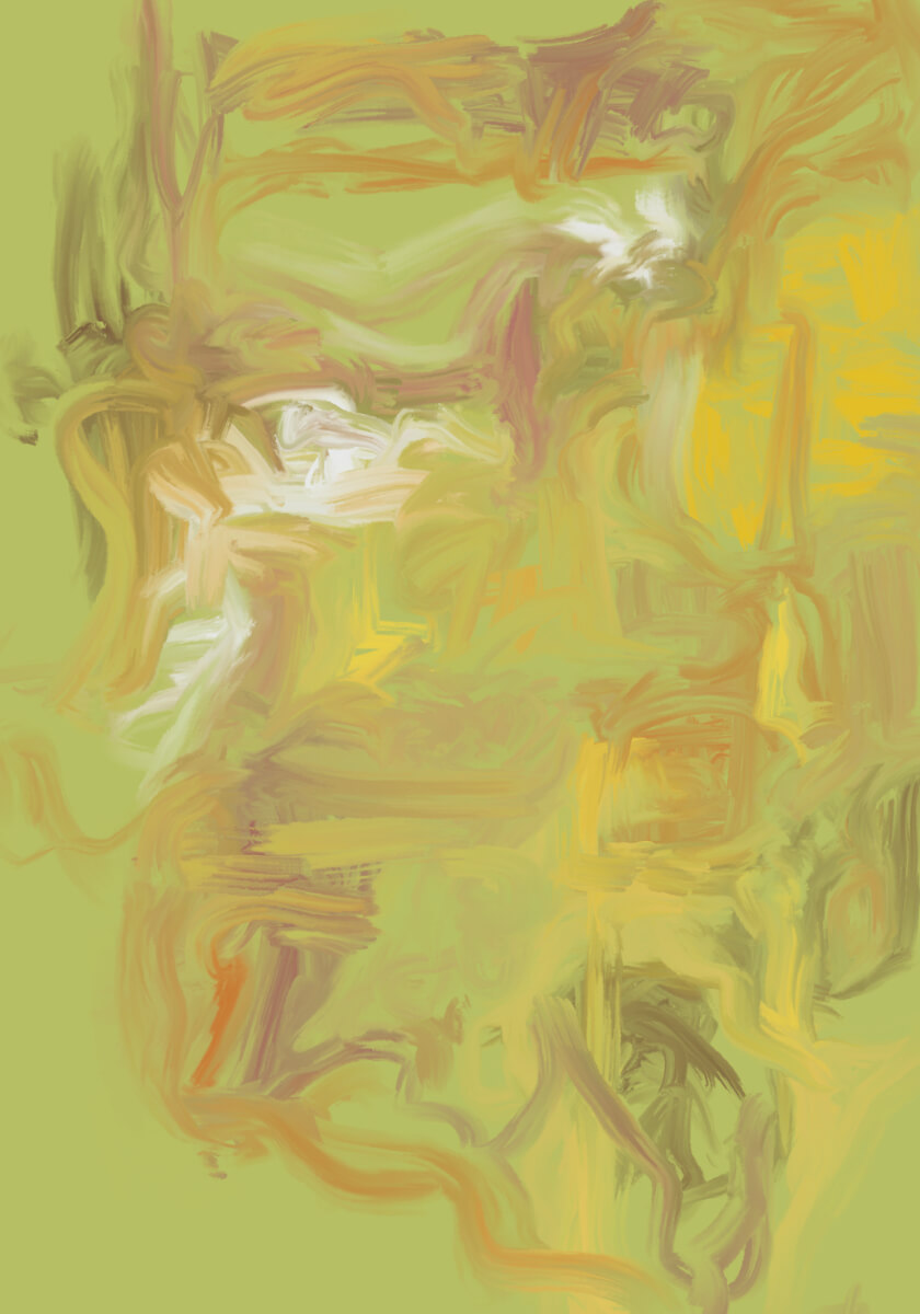 Pale green abstract digital painting with layered ochre, yellow, white, and rose brushstrokes suggesting remembered ruins, soft architecture, and emotional traces.