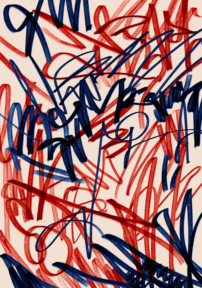 Dense abstract painting with energetic red and navy calligraphic marks, overlapping graffiti-inspired lines, and expressive movement.