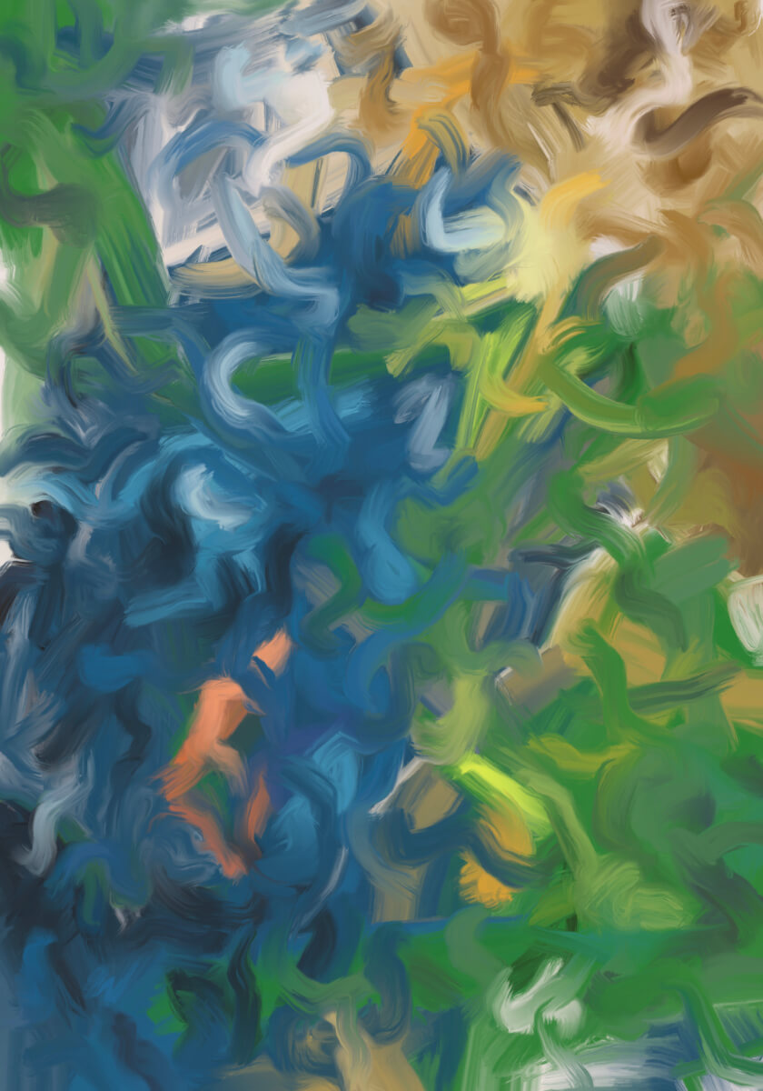 Vertical abstract painting with layered blue and green gestural marks, soft beige tones, and flowing brushstrokes evoking renewal.