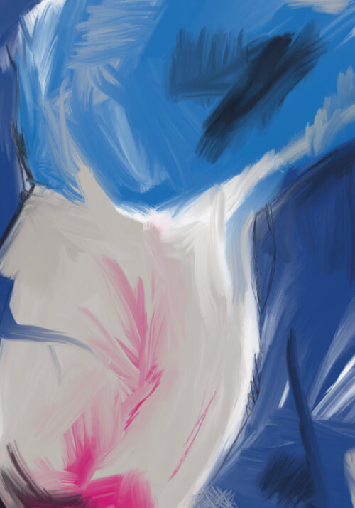 Abstract digital painting with vivid blue brushstrokes, a pale white form, and soft pink marks in a loose expressive composition.