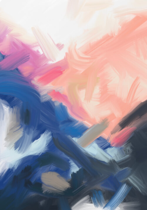 Abstract painting with deep blue brushstrokes and soft pink atmospheric textures.