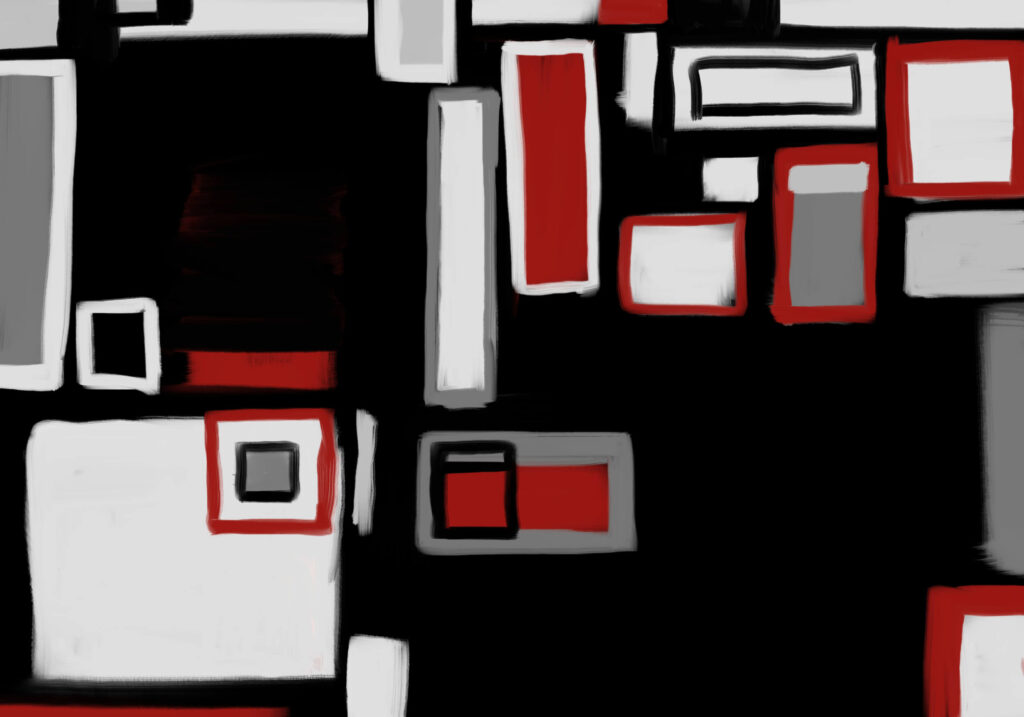 Minimal abstract artwork featuring layered red, white, grey, and black rectangular forms with rough painterly outlines and strong negative space.