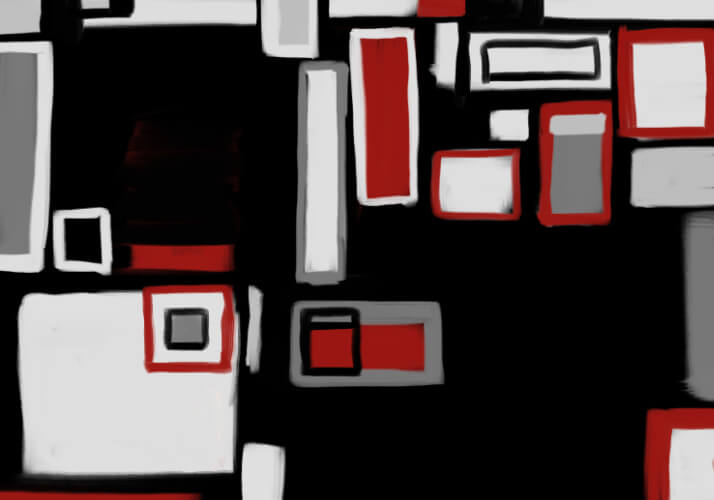 Black Semaphore 2 Abstract Digital Artwork Abstract black composition with red, white, and grey geometric rectangles arranged like fragmented signals.
