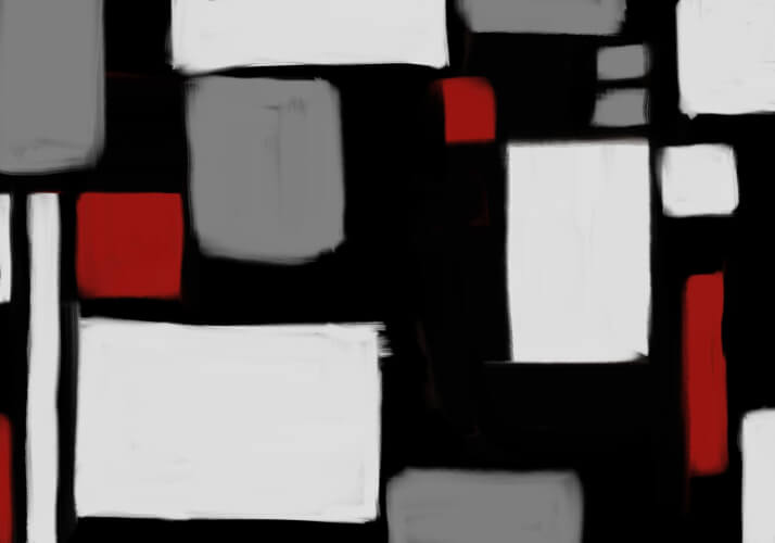 Abstract geometric artwork with black background, white and gray rectangles, and red accent blocks arranged in a grid-like composition.