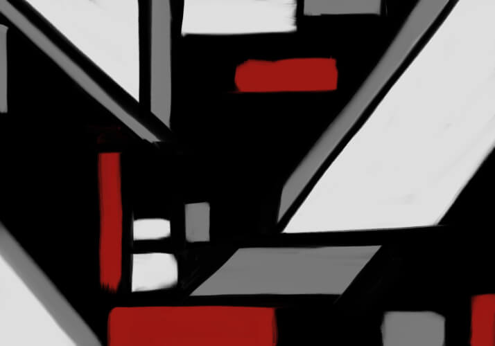 Black Semaphore Dynamic abstract painting featuring intersecting black, white, gray, and red geometric structures creating tension, movement, and architectural rhythm.