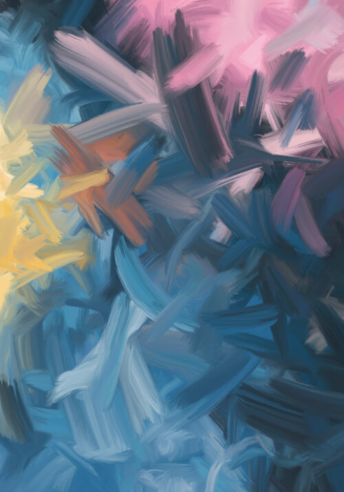 Abstract expressionist artwork with energetic blue, pink, and yellow brushstrokes layered in motion.
