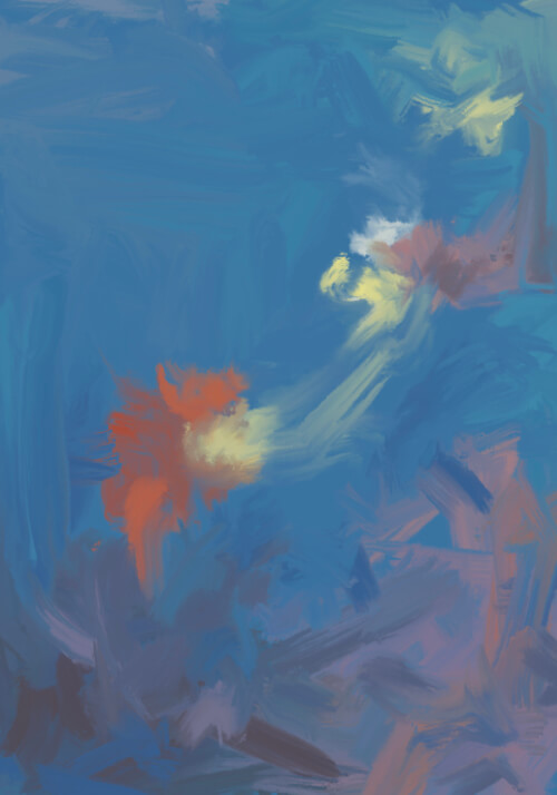 Abstract blue digital painting with orange and yellow expressive marks glowing like sparks within a soft atmospheric composition.