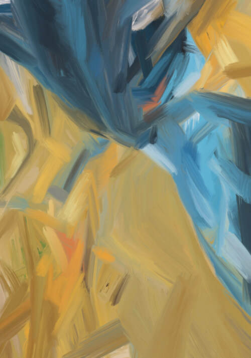 Abstract digital artwork with sandy yellow and blue brushstrokes suggesting a desert mirage and hidden water currents.