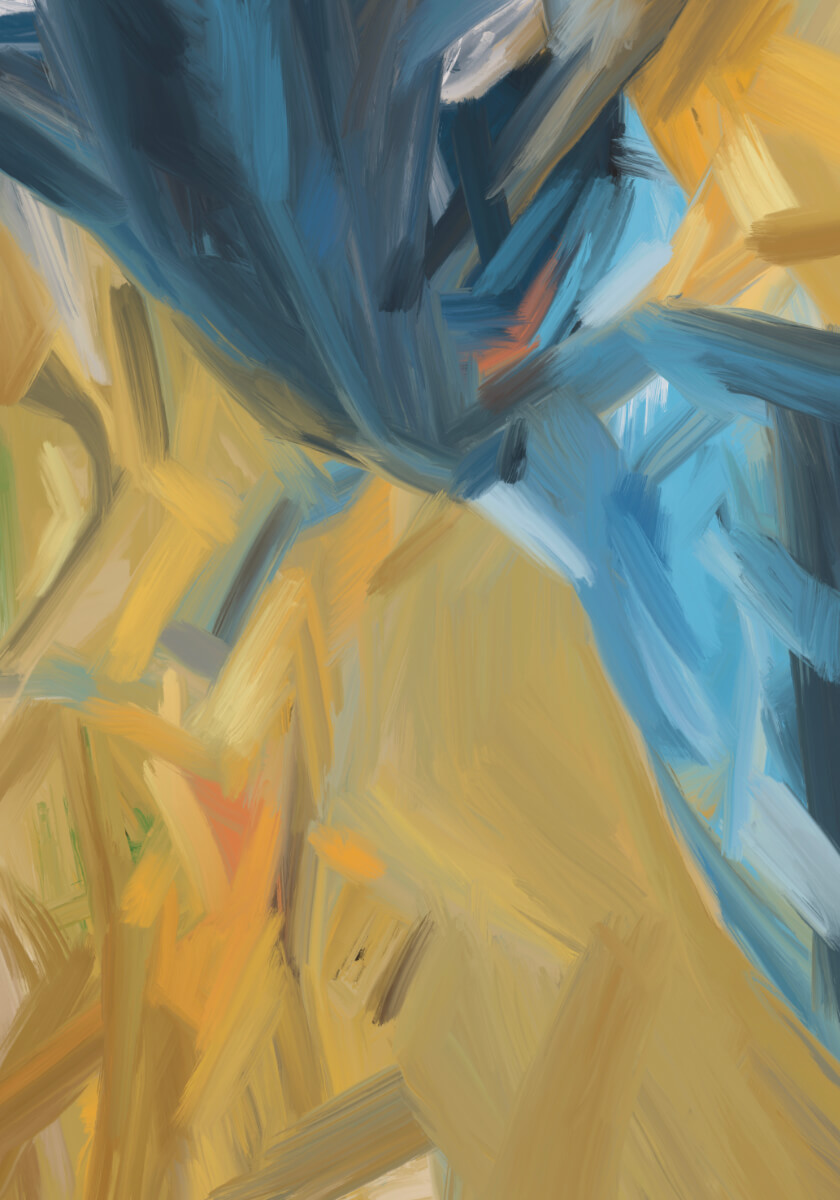 Abstract expressionist digital artwork with warm desert yellows, deep blue strokes, and gestural movement evoking a mirage of water in a dry landscape.