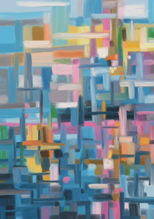 Abstract pastel artwork with soft blue brushstrokes, layered urban shapes, and dreamlike rain atmosphere.