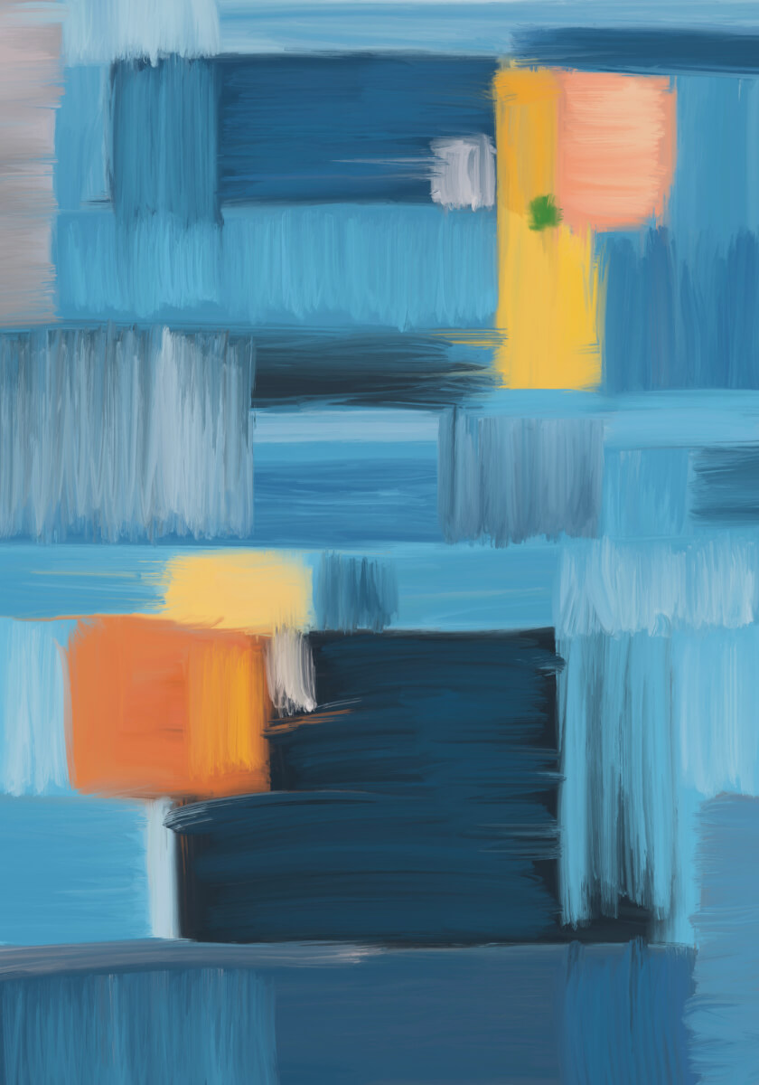Abstract digital painting composed of layered blue and teal rectangular brushstrokes with yellow and orange highlights, evoking an architectural shelter at dusk.