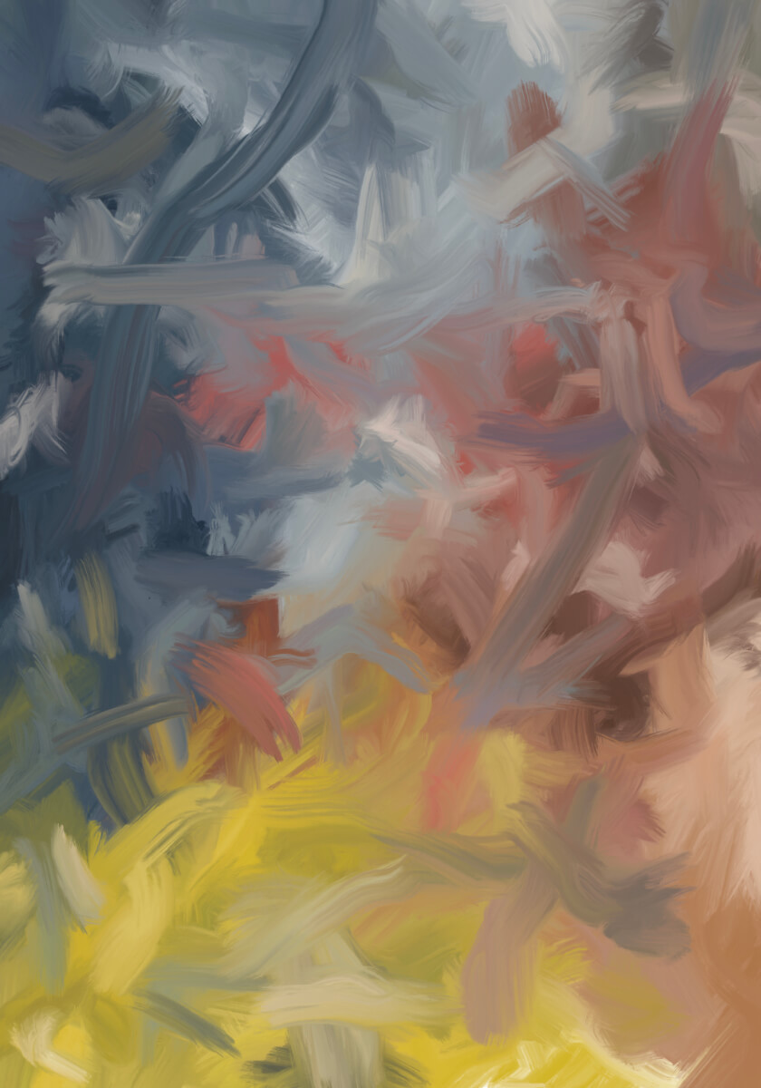 Abstract expressionist digital artwork with layered grey-blue, muted pink, ochre, and yellow brushstrokes suggesting fading spring light, memory, and atmospheric renewal.