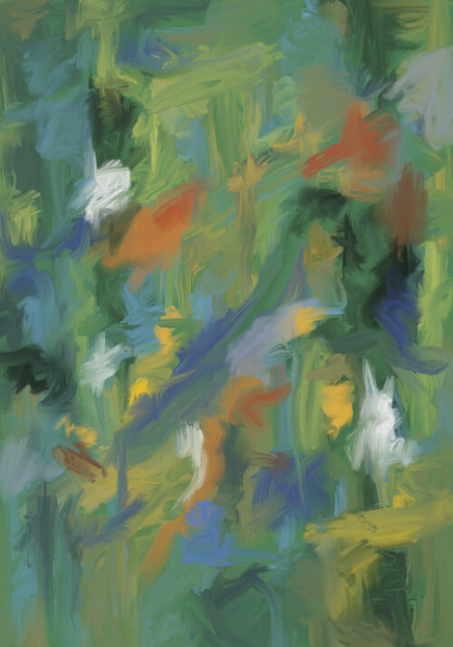Abstract digital painting with soft green brushstrokes, floral color accents, and a nostalgic spring garden atmosphere.