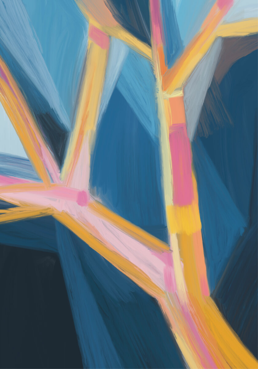 Abstract expressionist digital artwork with angular yellow, pink, and orange branch-like strokes extending across a deep blue field, suggesting human connection and growth.