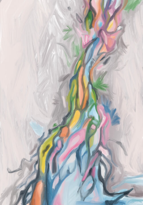 Abstract digital artwork of colorful human muscle-like forms rising through a soft grey background.