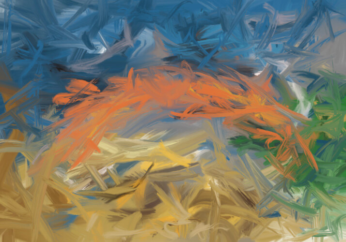 Abstract expressionist painting with blue and orange gestural brushstrokes forming a fractured atmospheric landscape.