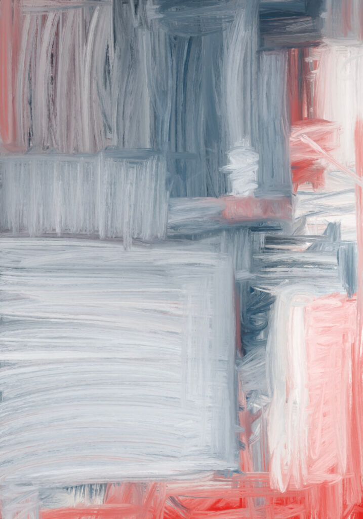 Large abstract expressionist artwork featuring layered grey and white brushwork with red undertones, textured marks, and architectural compositions suggesting tension and emotional erosion.