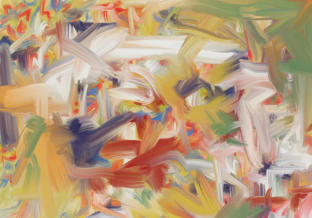 Large abstract expressionist artwork featuring layered painterly gestures, sweeping marks, and soft blended colors inspired by spring renewal.