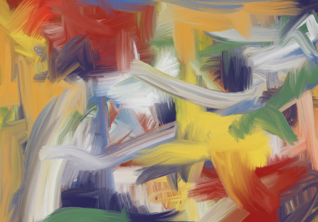 Abstract expressionist digital artwork featuring layered gestural brushstrokes, flowing white forms, and vibrant red, yellow, green, and blue textures creating a dynamic ritual-like atmosphere.