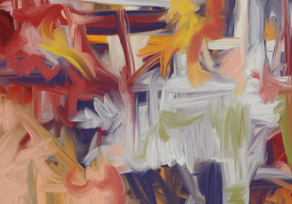 Abstract expressionist painting with layered red, white, yellow, and muted green gestural brushstrokes.