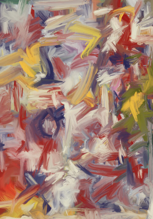 Spring Ritual 5 Abstract Expressionism Colorful abstract expressionist painting with energetic brushstrokes in red, yellow, white, and violet tones.