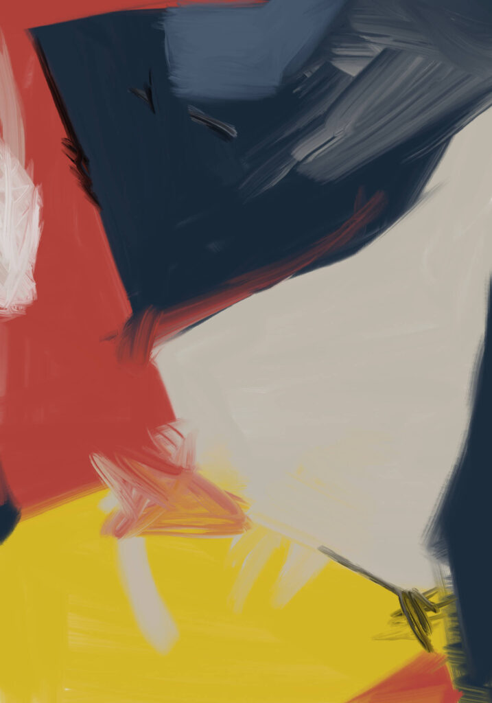 Abstract painting with large angular shapes in dark blue, red, white, and yellow, exploring tension, balance, and visual structure.