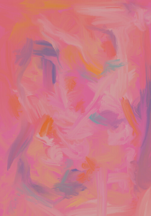 Pink abstract artwork with soft orange, teal, and grey brushstrokes creating a sense of emotional movement.