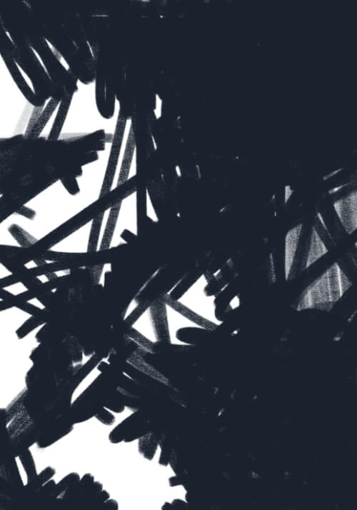 Abstract black and white expressionist painting with chaotic dark brushstrokes and sharp intersecting marks.